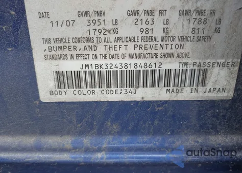 2008 Mazda Mazda3 S Sport z USA, uszkodzony, nr VIN JM1BK324381848612